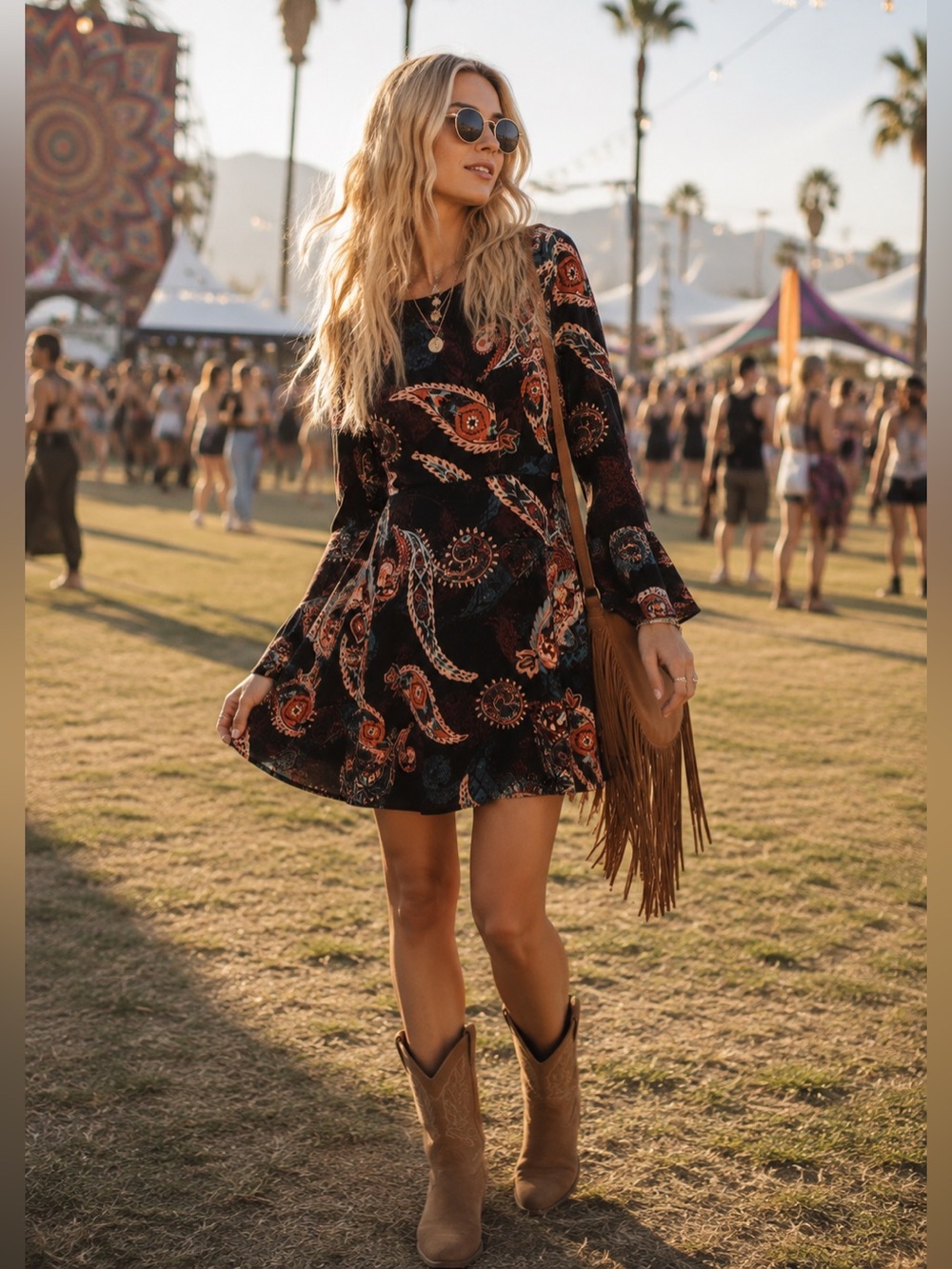 California Moonrise Paisley A-Line Long Sleeve Dress